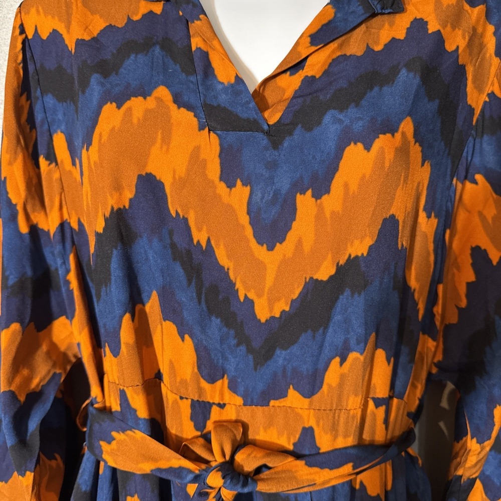 Scirock Italy Chevron Mini Shirt Dress Orange Blue Pleated Resort Long Sleeve OS - Picture 2 of 6